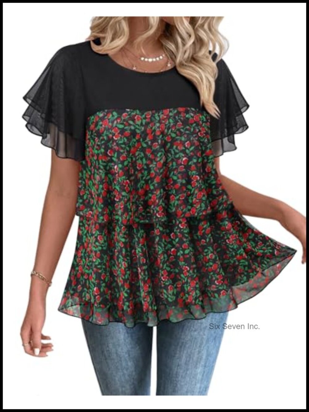 Women's Floral Mesh Ruffle Short Sleeve Tunic Blouse